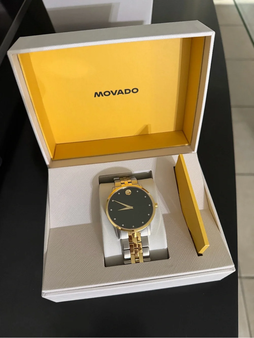 Movado White and Black Branded Watch Box and Thank You Card